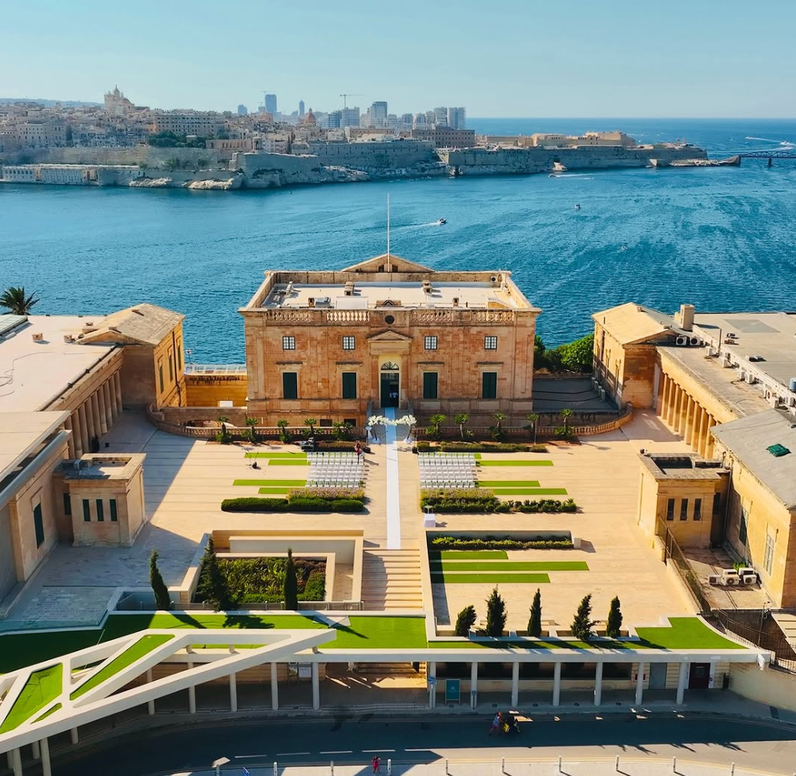 Aerial view of historic Valletta and its gardens above the Grand Harbour